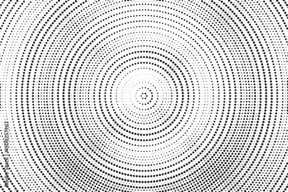 Poster Radial halftone gradient background. Dotted concentric texture with fading effect. Black and white circle shade wallpaper. Grunge rough vector. Monochrome backdrop
