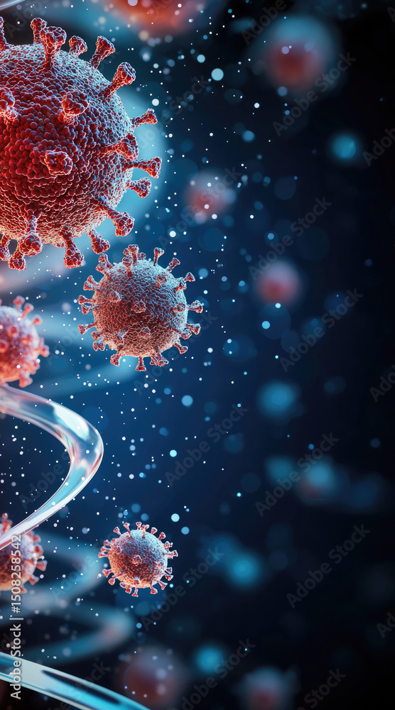 Aufkleber 3d rendering of coronavirus particles floating in blue background with dna strand, scientific and me