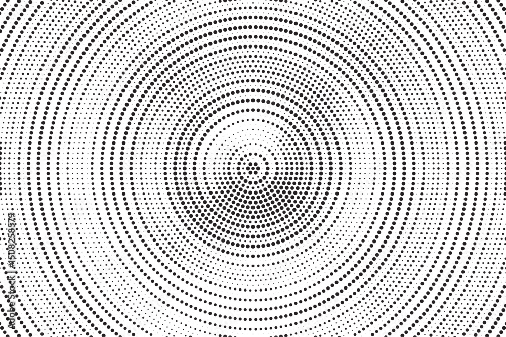 Poster Radial halftone gradient background. Dotted concentric texture with fading effect. Black and white circle shade wallpaper. Grunge rough vector. Monochrome backdrop