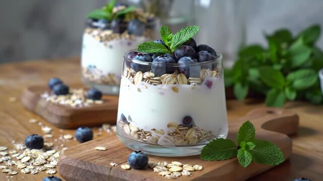Blueberry Yogurt Parfait with Oats and Mint on Rustic Boards, Bright Close-Up