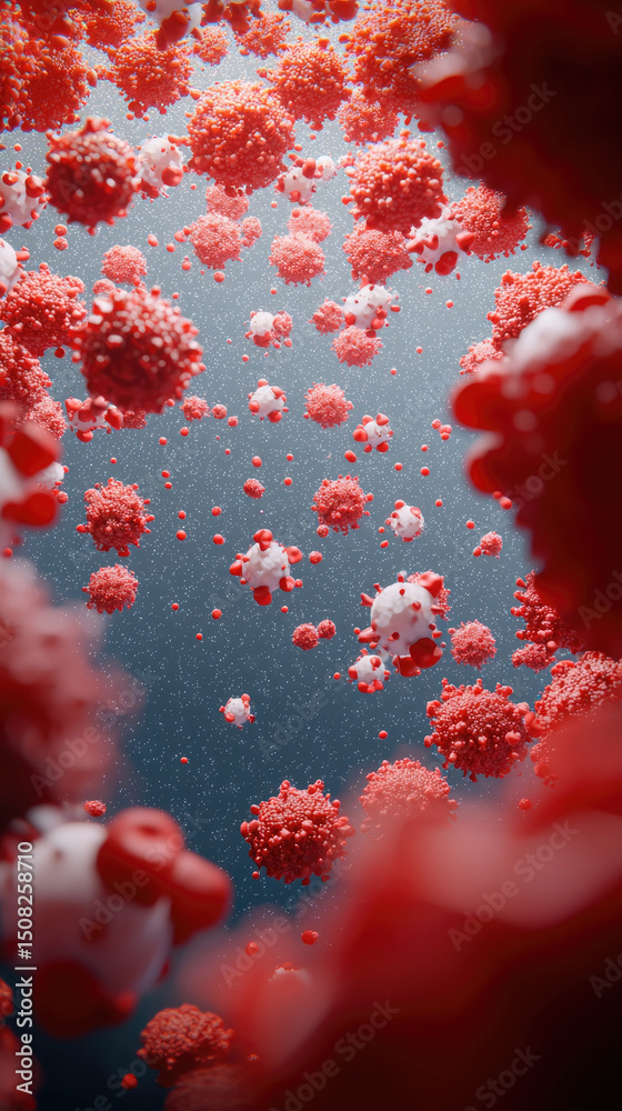 Poster 3d rendering of red and white virus particles floating in air, microscopic view, infectious disease,