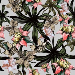 Seamless exotic pattern with tropical plants