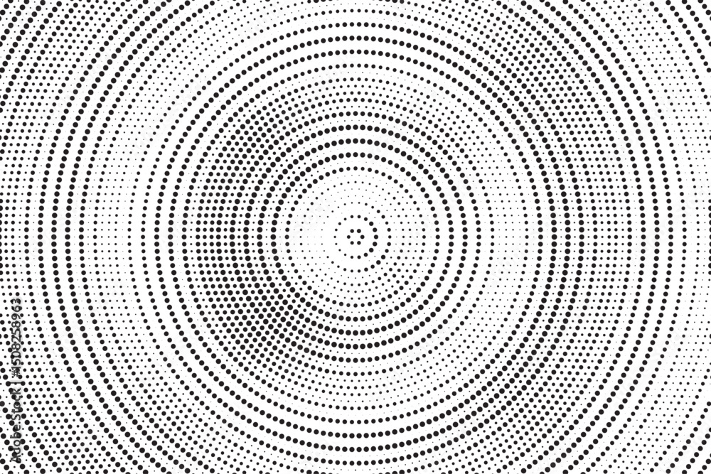 Leinwandbilder Radial halftone gradient background. Dotted concentric texture with fading effect. Black and white circle shade wallpaper. Grunge rough vector. Monochrome backdrop