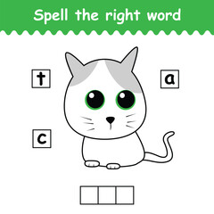 Spell the right word of cat. words puzzle game for preschool. learning game for kids. english grammar puzzle for children