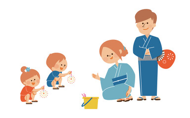 花火をする親子　夏休み　イラスト素材