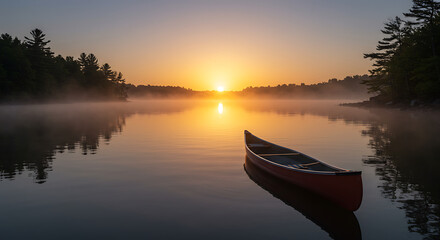 Serene Sunrise Canoe on Misty Lake at Dawn Peaceful Nature Scene