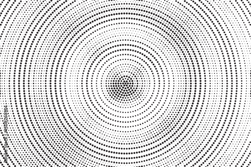 Leinwandbilder Radial halftone gradient background. Dotted concentric texture with fading effect. Black and white circle shade wallpaper. Grunge rough vector. Monochrome backdrop