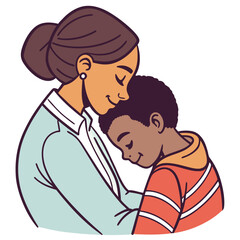 Mother Hugging Son Flat Color Vector Illustration