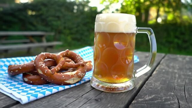Beer stein and salted pretzels in sunlit beer garden, cinematic orbit and zoom