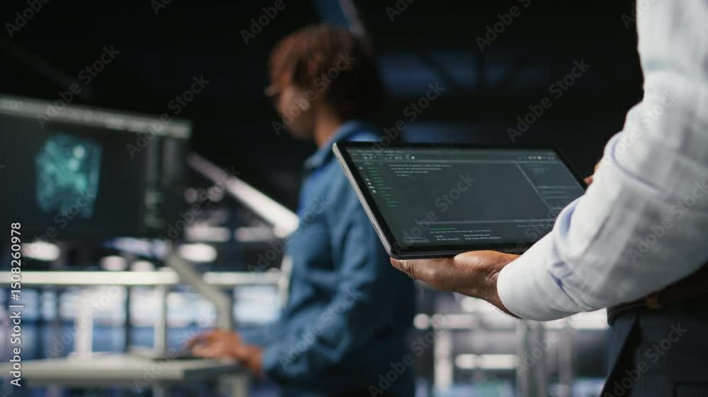 Poster close up of data center admin using tablet to reviewing machine learning code dashboards. server far