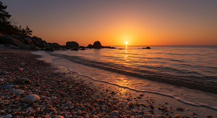 Stunning Seascape at Sunrise Ocean Waves Rocky Shore Seashells Beach