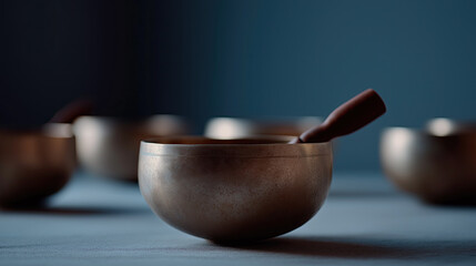 Traditional singing bowl with wooden mallet creates healing
