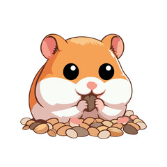Cartoon Style Illustration of a Cute Hamster Eating a Nut