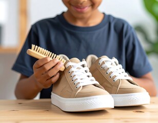 Child cleaning light beige canvas shoes with a wooden brush