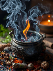 Mystical Incense Burning in Ornate Cauldron, Aromatic Herbs and Spices Surround