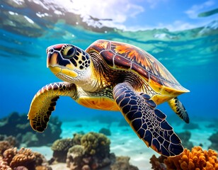 Vibrant sea turtle swimming in clear shallow water above coral reef