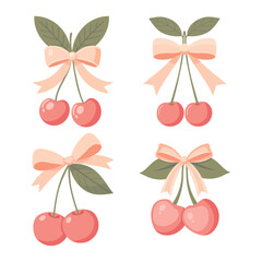 Two cherries with a bow coquette. A charming bow coquette with a pink ribbon and red cherries on a light background. A delightful Valentine's Day present.