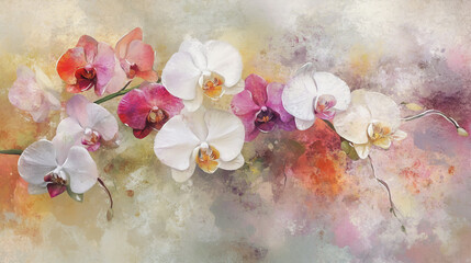 watercolor botanical Orchid flowers texture template background.Elegant wedding invitation card background . Minimal hand painted Design for wedding or Valentine's Day