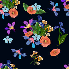 seamless pattern with orange  flowers on black