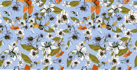  White flowers  and leaves on blue background