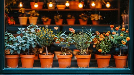 Potted plants in a shop window, various foliage and flowers. Bulbs above. AI generative..