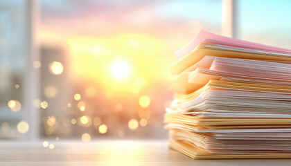Pile of paper files stacked on wooden desk with warm sunlight and bokeh effect in background creating calm atmosphere