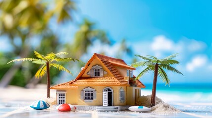 Cute beach house model with palm trees and blue sky background. AI generative..