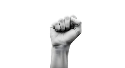 Close up monochrome image of a clenched fist raised in protest or solidarity against a black...