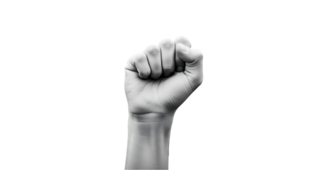 Close up monochrome image of a clenched fist raised in protest or solidarity against a black background