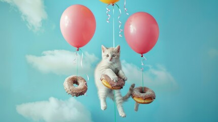 Cute kitten floats with balloons and glazed donuts in a sky scene. AI generative..