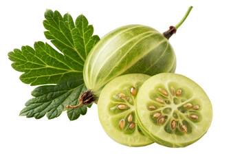 Gooseberry with Sliced Half on White Background – Green Tart Fruit with Translucent Flesh