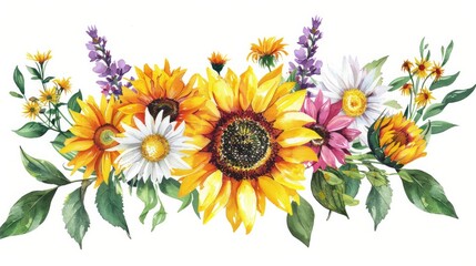 Floral arrangement of yellow and orange sunflowers, daisies and purple wildflowers. AI generative..