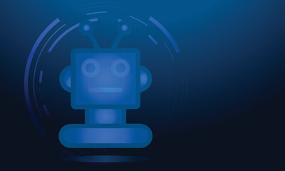 Digital robot icon with glowing blue effect and abstract circular tech interface elements. Perfect for themes related to artificial intelligence, robotics, virtual assistants, and futuristic