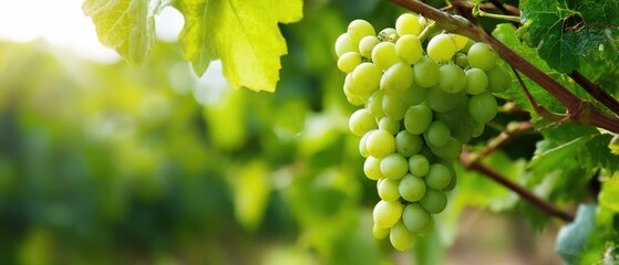 Fototapeta premium Fresh green grapes hanging on vine in vineyard during sunny day Concept of agriculture, viticulture, and healthy eating