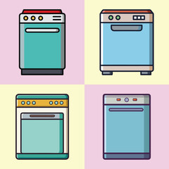 Dishwasher Flat Illustration Simple Kitchen Appliance Vector in Flat Style