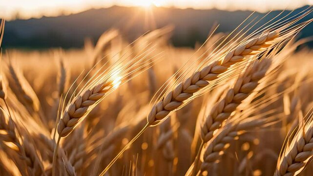 Closeup wheat growing on field on sunset at summer evening. Autumn harvest season. Agriculture and farming. Agricultural landscape and rural scenery.