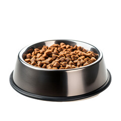 Pet food bowl, Dry cat or dog food in a shiny metallic, isolated on transparent background