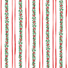 Geometric Christmas seamless pattern hand drawn with watercolor. Retro Xmas design with abstract watercolor lines and garland from greenery, red berries. Festive digital paper in old style