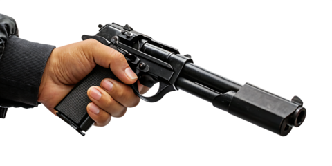 Hand holding black pistol isolated on white background png ai generated isolated on a white background