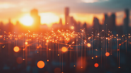 Smart digital Innovation City of the business world with connection financial business data all the time network reciprocity over the twilight cityscape. of future cyber security wireless digital city