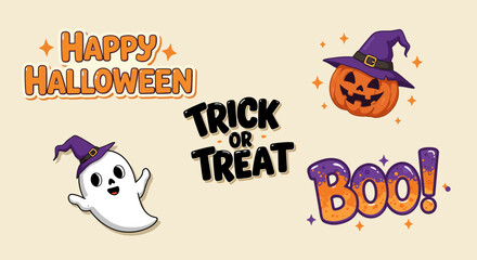 Halloween Cartoon Icons Ghost Pumpkin Boo and Trick or Treat