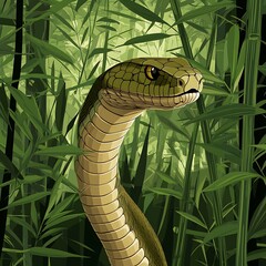 Close-up of a snake in a lush bamboo forest.