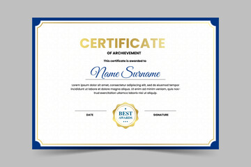 Modern elegant blue and gold certificate template. Appreciation for business and education. Vector illustration