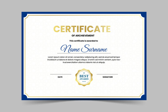 Modern elegant blue and gold certificate template. Appreciation for business and education. Vector illustration