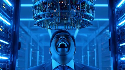 Business professional experiencing advanced technology in a futuristic data center with blue lighting - Powered by Adobe