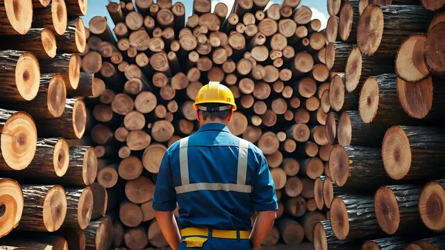 Worker in hard hat and safety vest standing among tall stacks of cut logs in lumber yard under clear sky for forestry industry