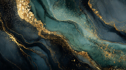 Dark Green Marble and Gold Foil Abstract Design