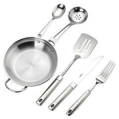 Stainless Steel Cookware Set: Pan, Spoons, Spatula, and Slotted Utensils on transparent background