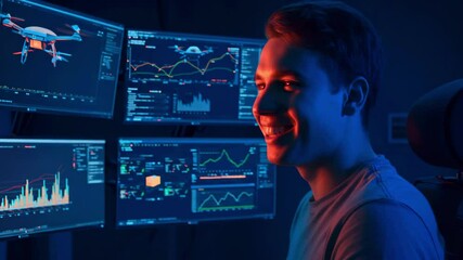 Young man smiling while monitoring data on multiple screens in a dimly lit tech environment - Powered by Adobe