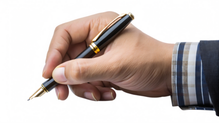 Hand holding pen writing isolated on a white background png ai generated